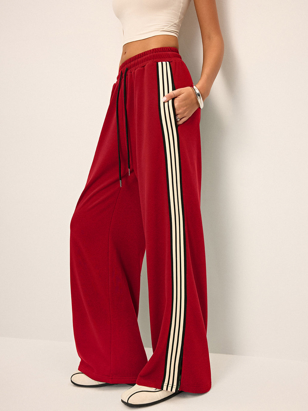 Pantalones de estar por casa para mujer, de pierna ancha, con cordón y bandas laterales