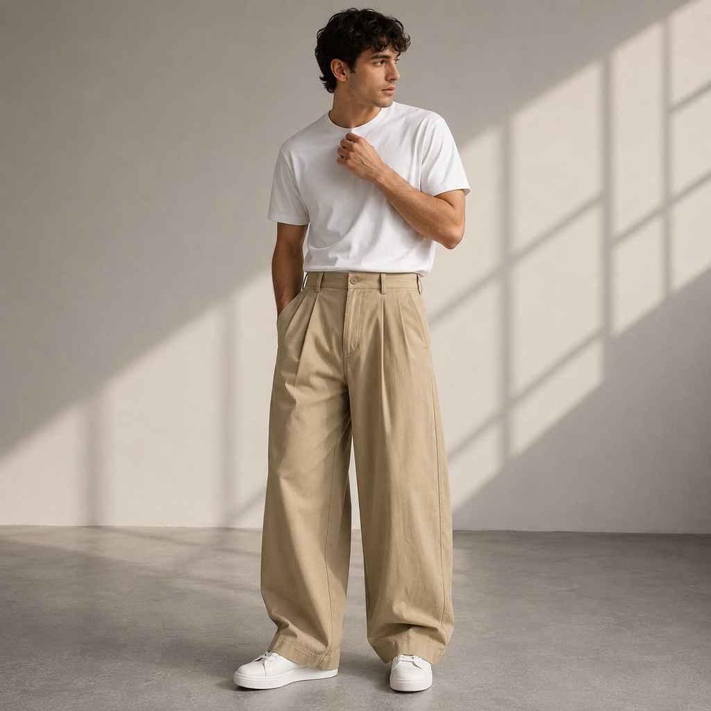 Pantaloni Uomo con Pieghe a Gamba Ampia dal Taglio Moderno