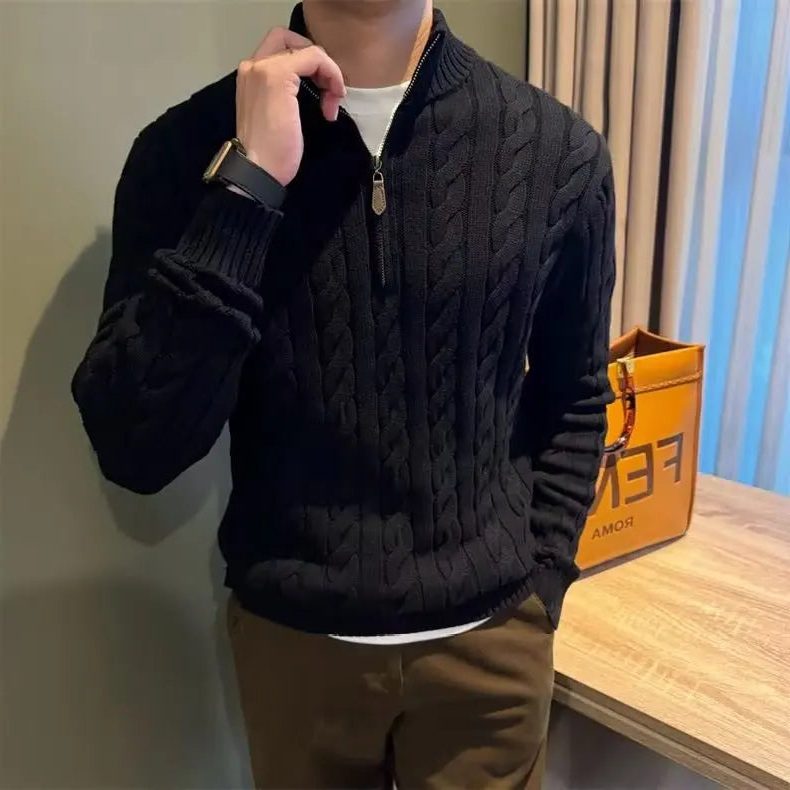 Miesten palmikkoneuleinen neuletakki vetoketjulla ja korkealla kauluksella