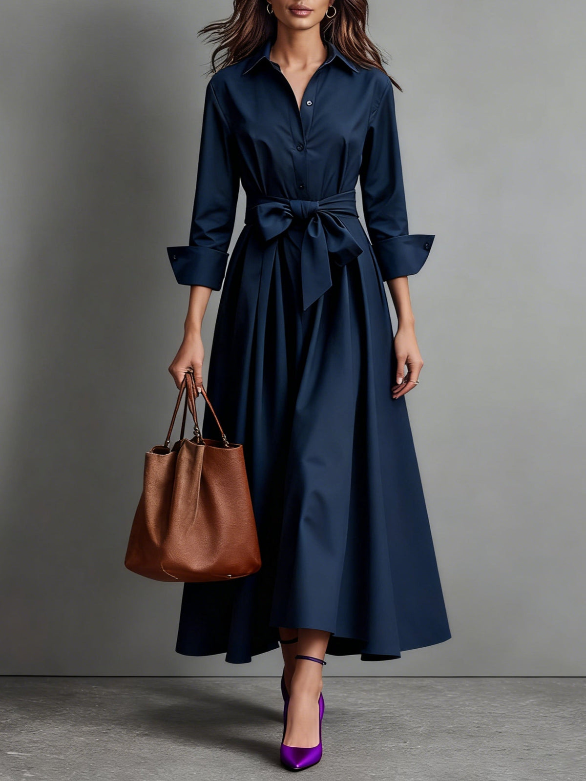 Robe-chemise midi pour femme Abito avec ceinture