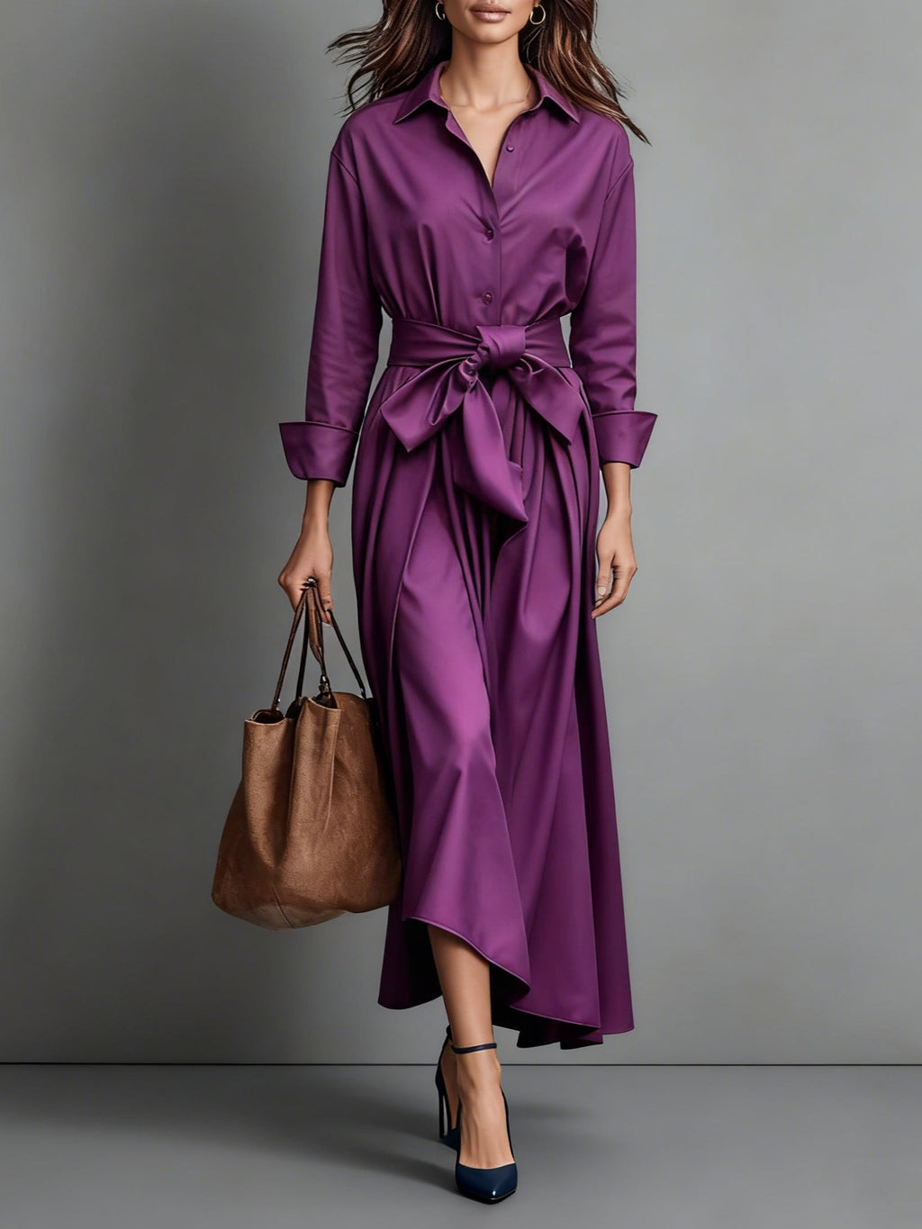 Robe-chemise midi pour femme Abito avec ceinture