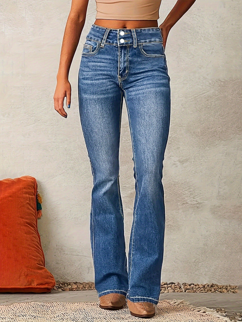 Jeans Bootcut Donna a Vita Alta con Doppio Bottone