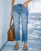 Jeans cropped de mujer de pierna recta - denim con rotos y bajo deshilachado