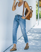 Jeans cropped de mujer de pierna recta - denim con rotos y bajo deshilachado