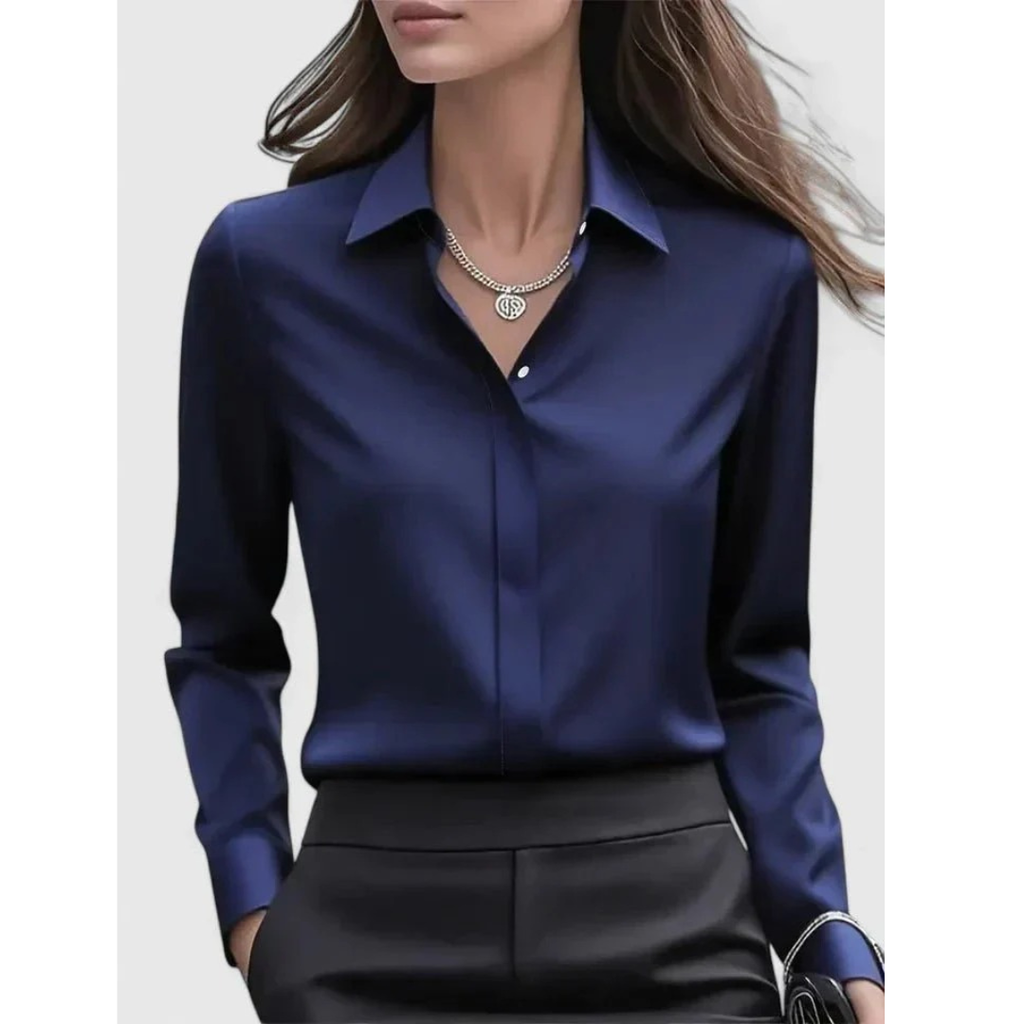 Blusa de mujer con efecto satinado, cuello y mangas largas