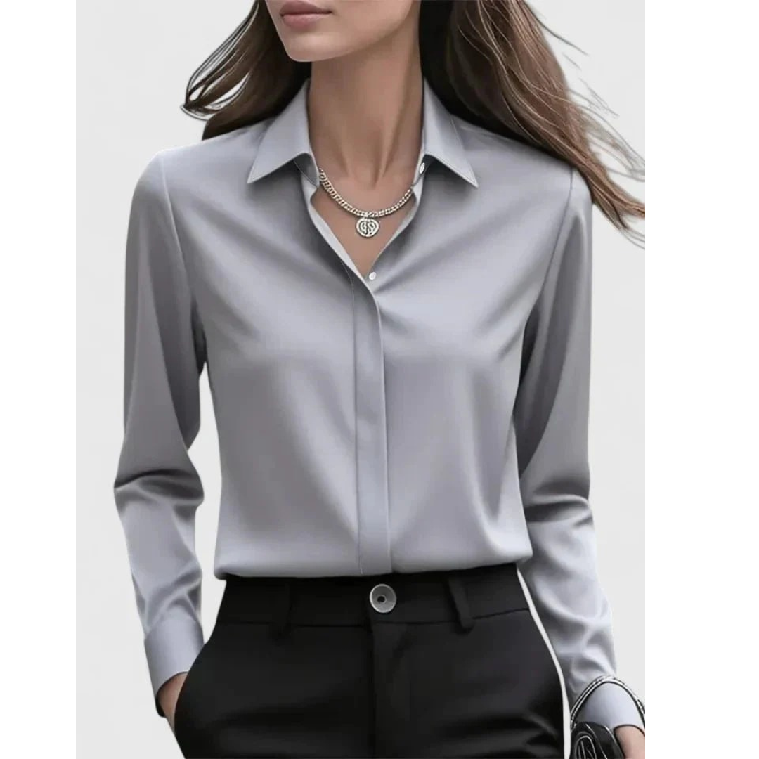 Blusa de mujer con efecto satinado, cuello y mangas largas