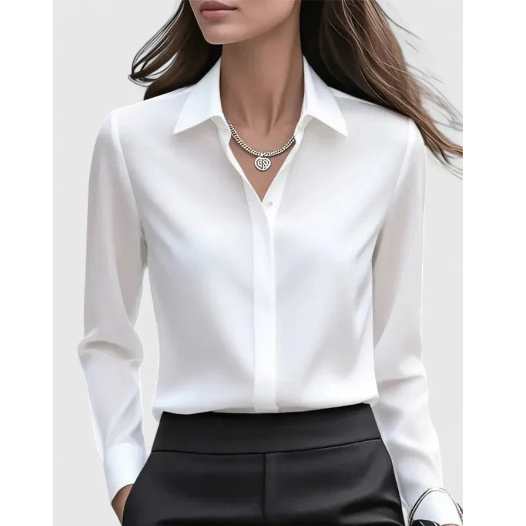 Blusa de mujer con efecto satinado, cuello y mangas largas