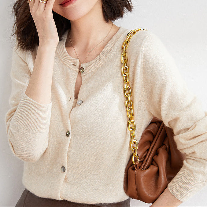 Cardigan femme en maille à col rond - Manches longues et bords côtelés