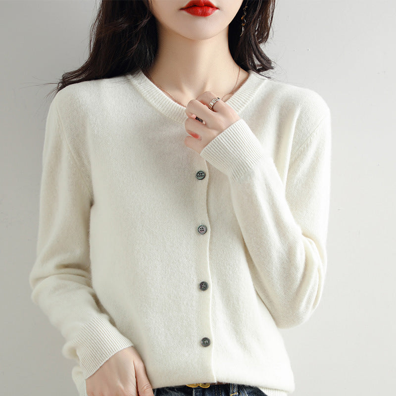 Cardigan femme en maille à col rond - Manches longues et bords côtelés