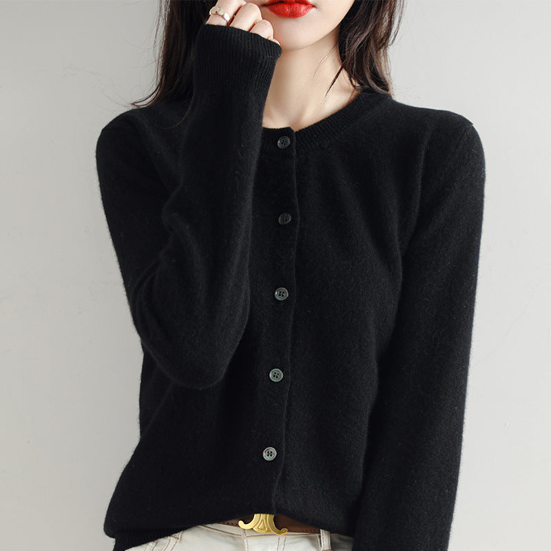 Cardigan femme en maille à col rond - Manches longues et bords côtelés