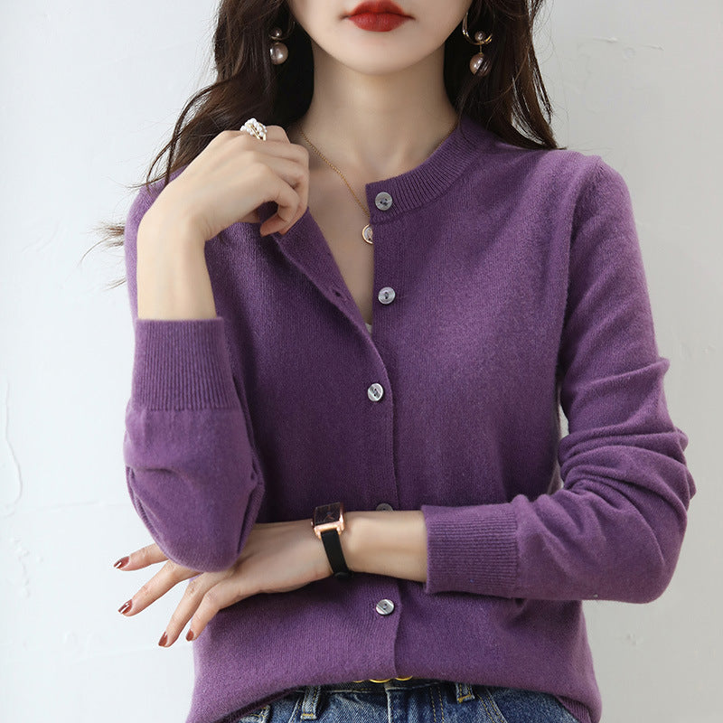 Cardigan femme en maille à col rond - Manches longues et bords côtelés