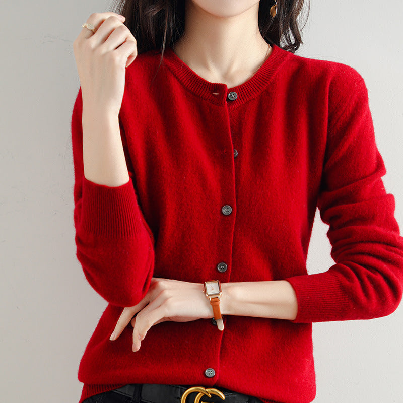 Cardigan femme en maille à col rond - Manches longues et bords côtelés