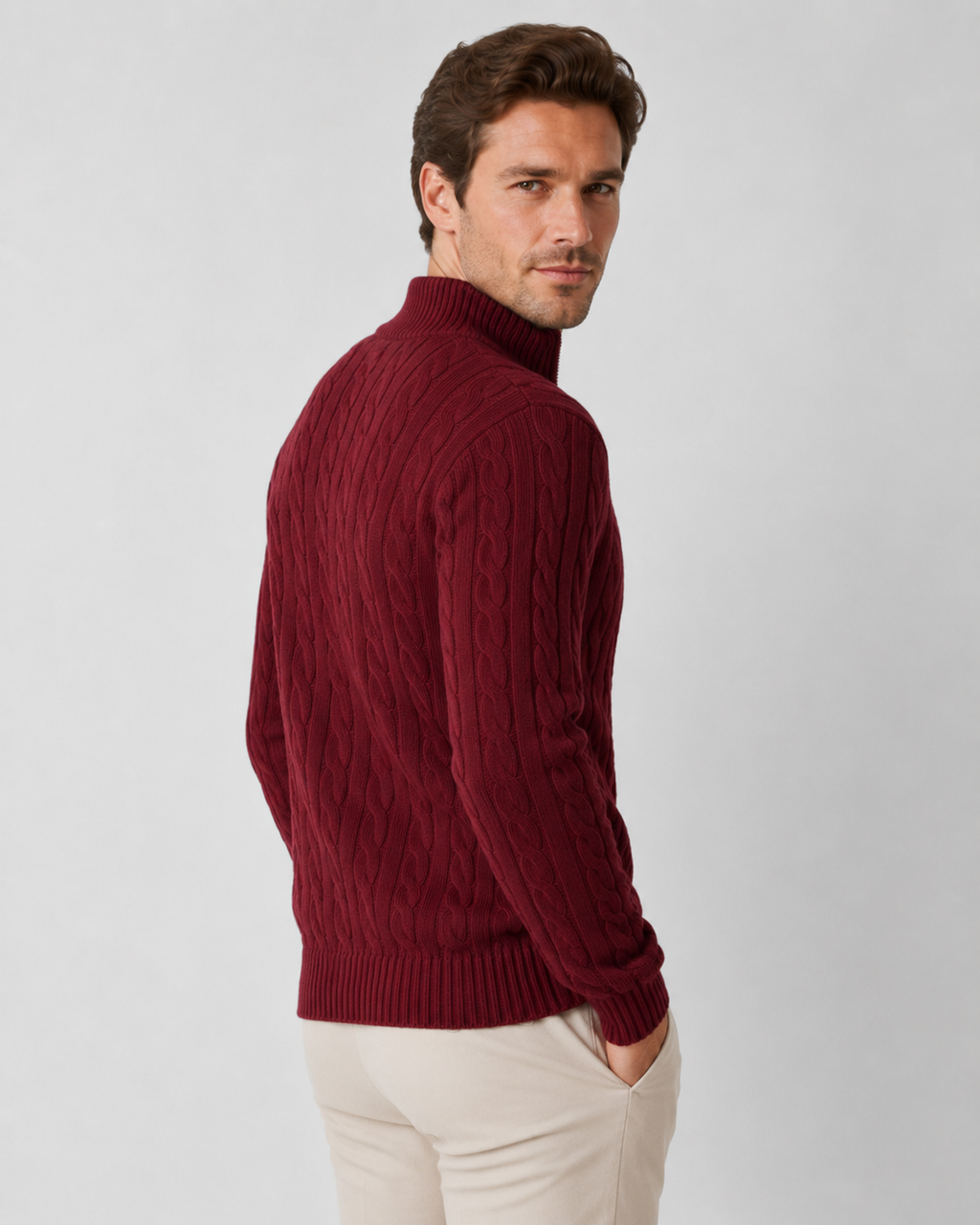 Maglione Uomo a Trecce con Mezza Zip e Collo Alto
