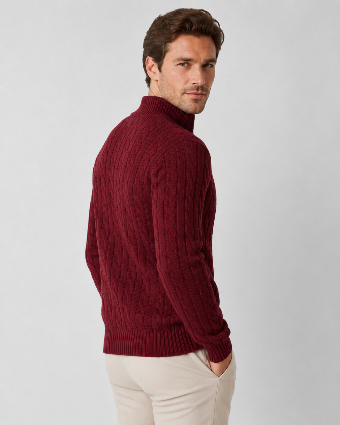 Maglione Uomo a Trecce con Mezza Zip e Collo Alto