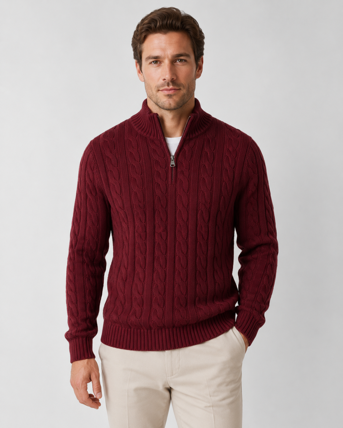 Maglione Uomo a Trecce con Mezza Zip e Collo Alto