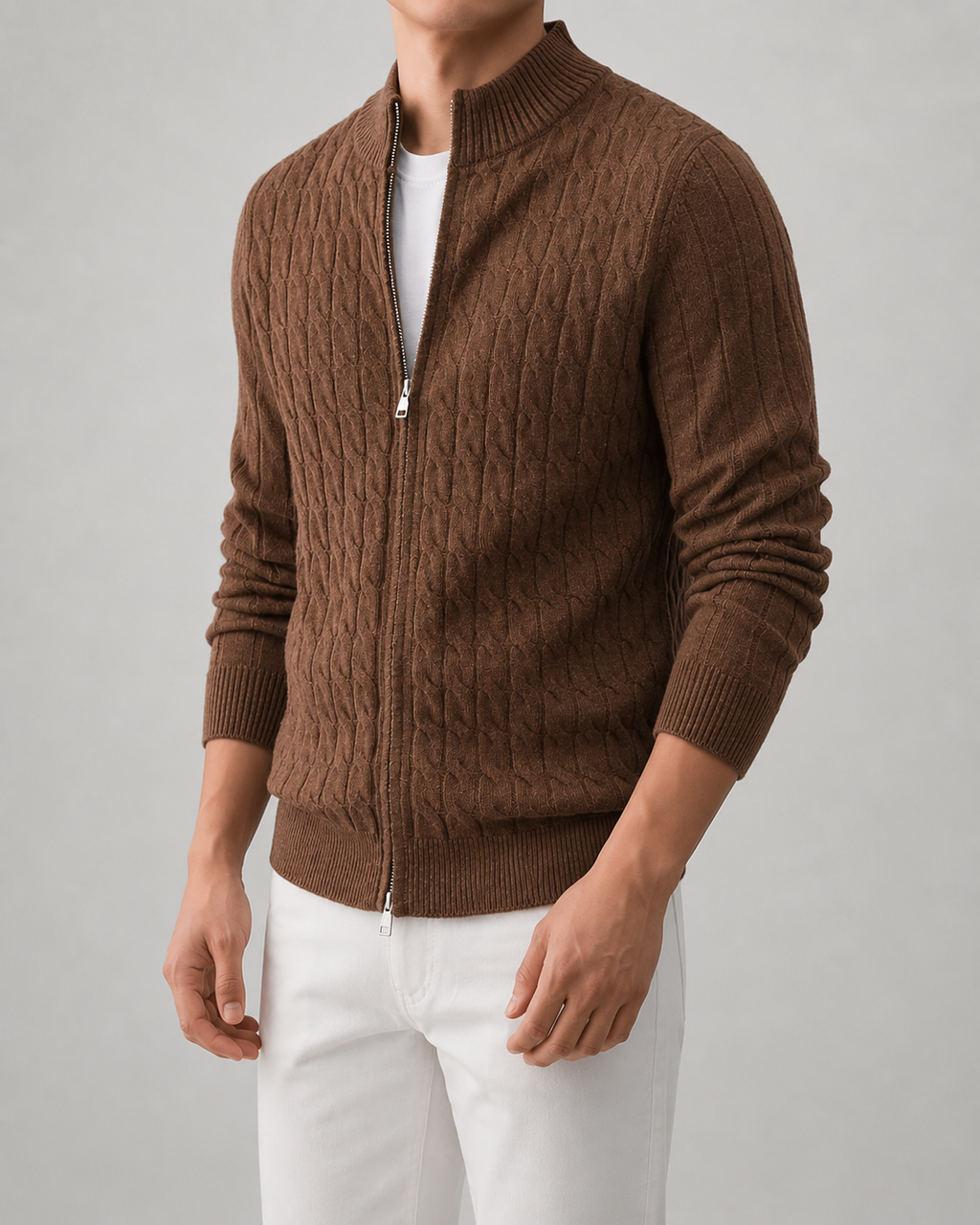 Cardigan Uomo in Maglia a Trecce con Collo Alto
