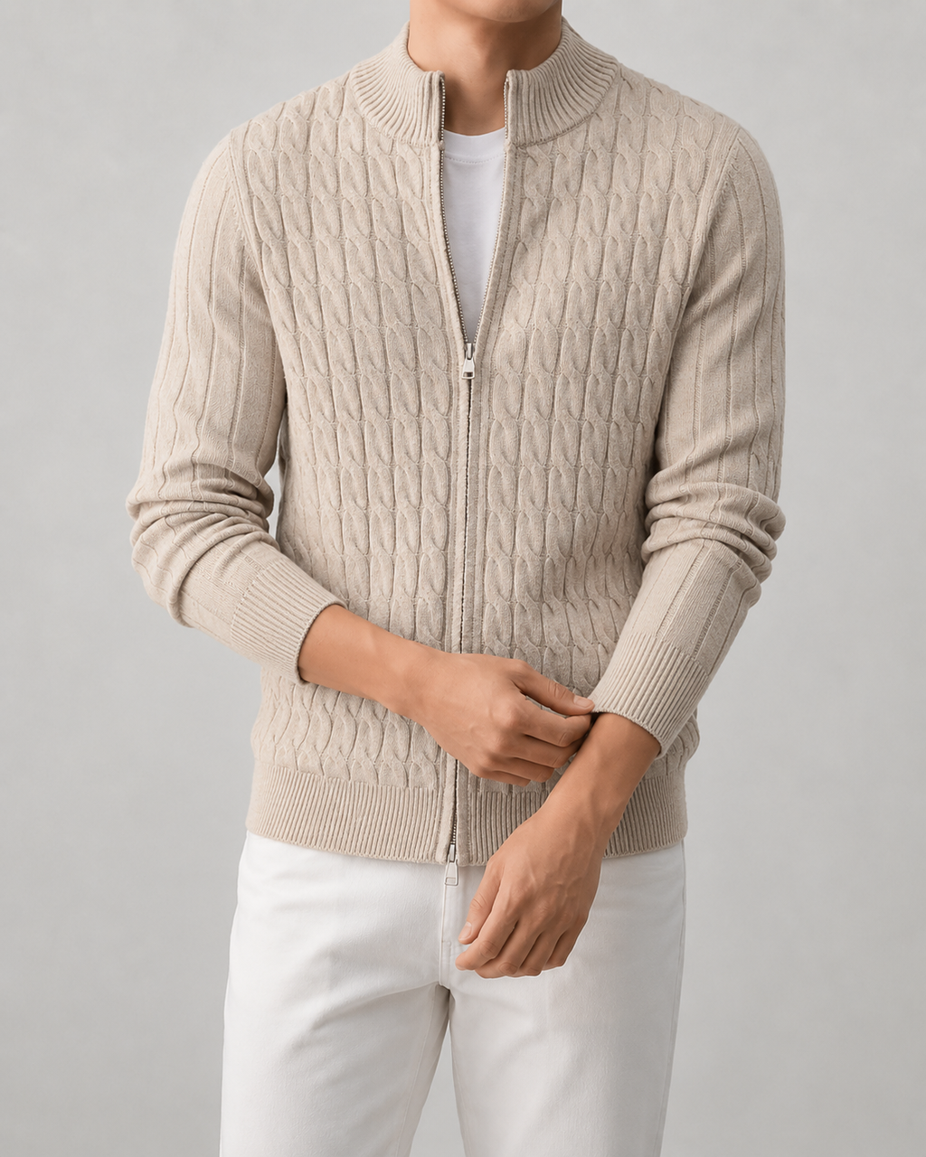 Cardigan Uomo in Maglia a Trecce con Collo Alto