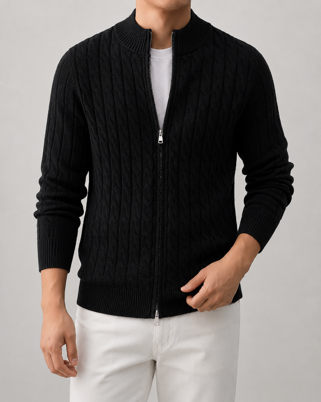 Cardigan Uomo in Maglia a Trecce con Collo Alto