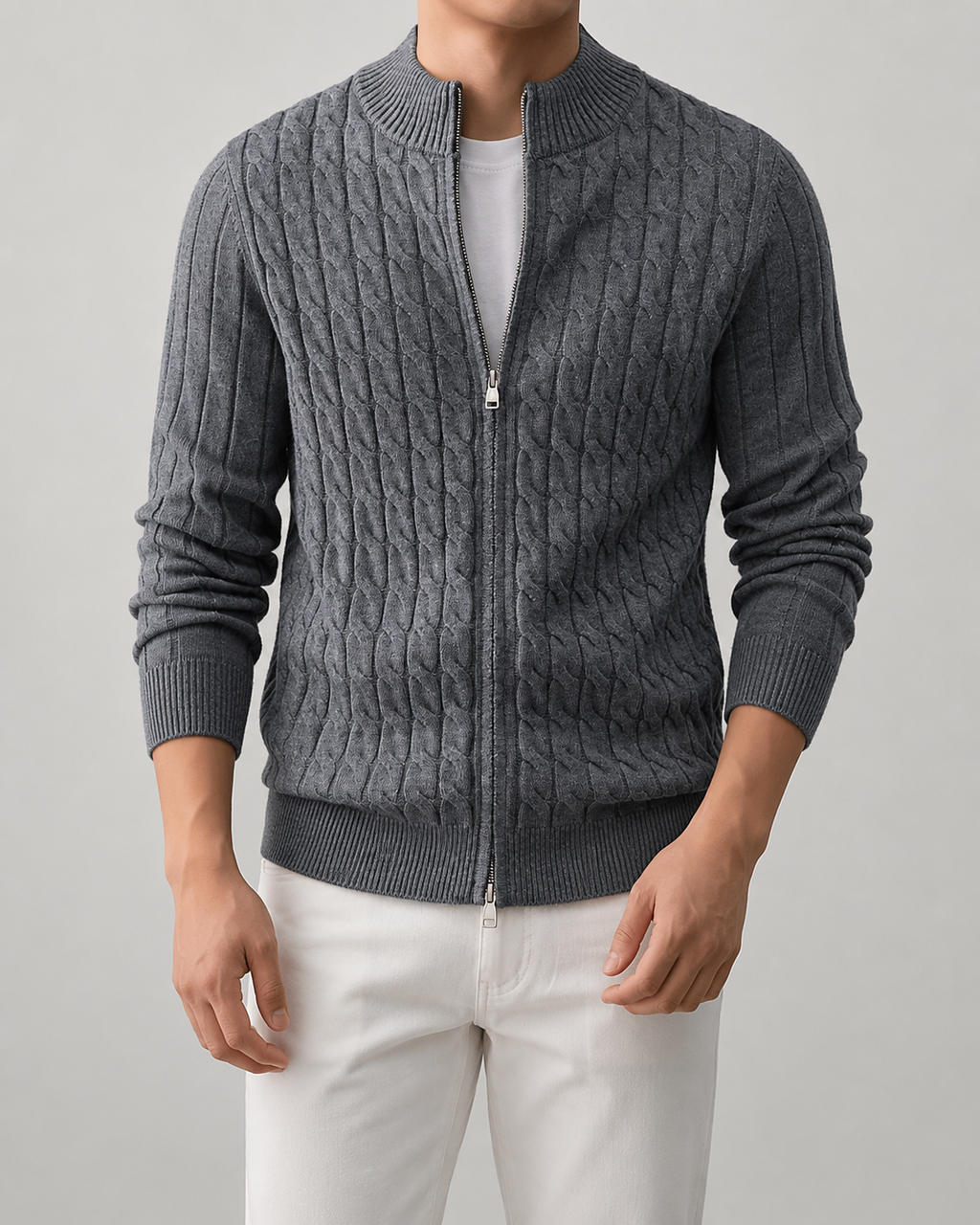 Cardigan Uomo in Maglia a Trecce con Collo Alto
