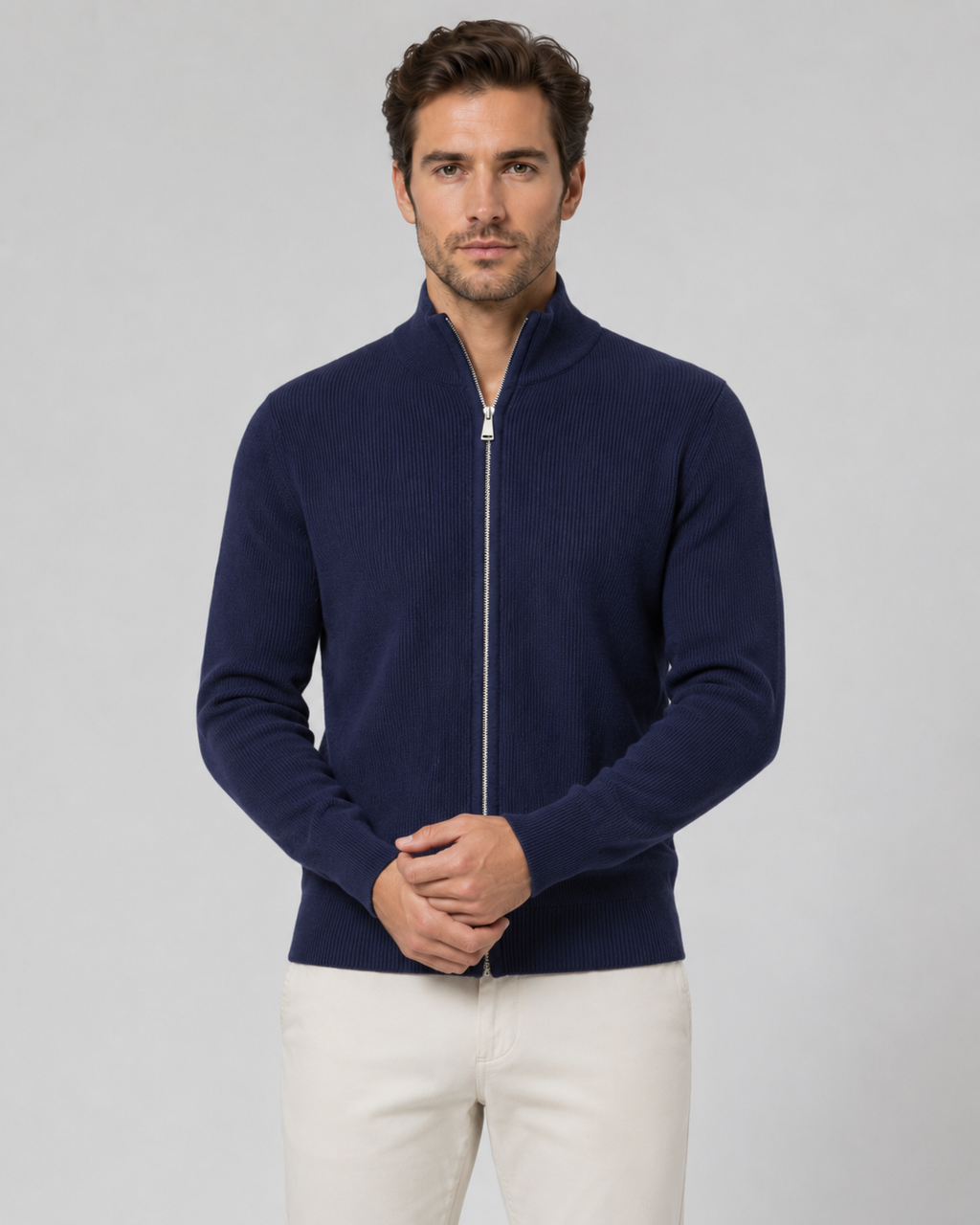 Cardigan homme en maille à fermeture éclair et col montant