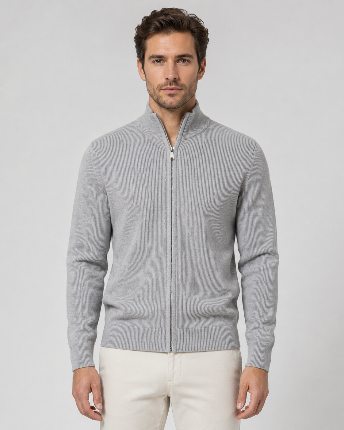 Cardigan homme en maille à fermeture éclair et col montant