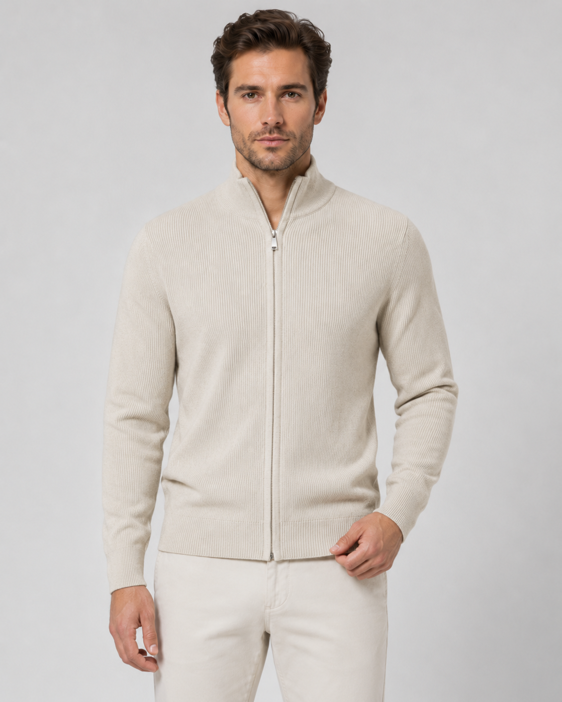 Cardigan homme en maille à fermeture éclair et col montant