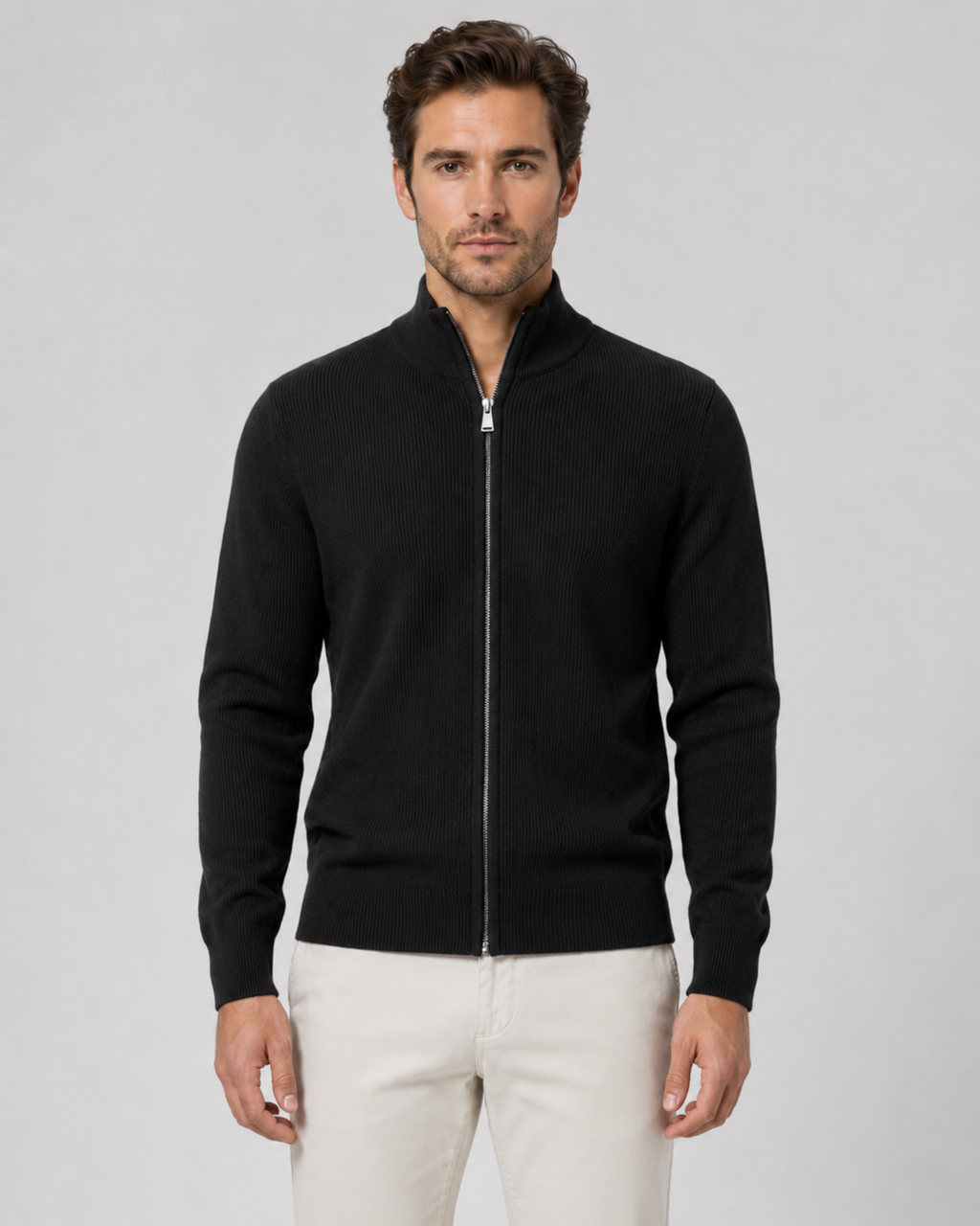 Cardigan homme en maille à fermeture éclair et col montant