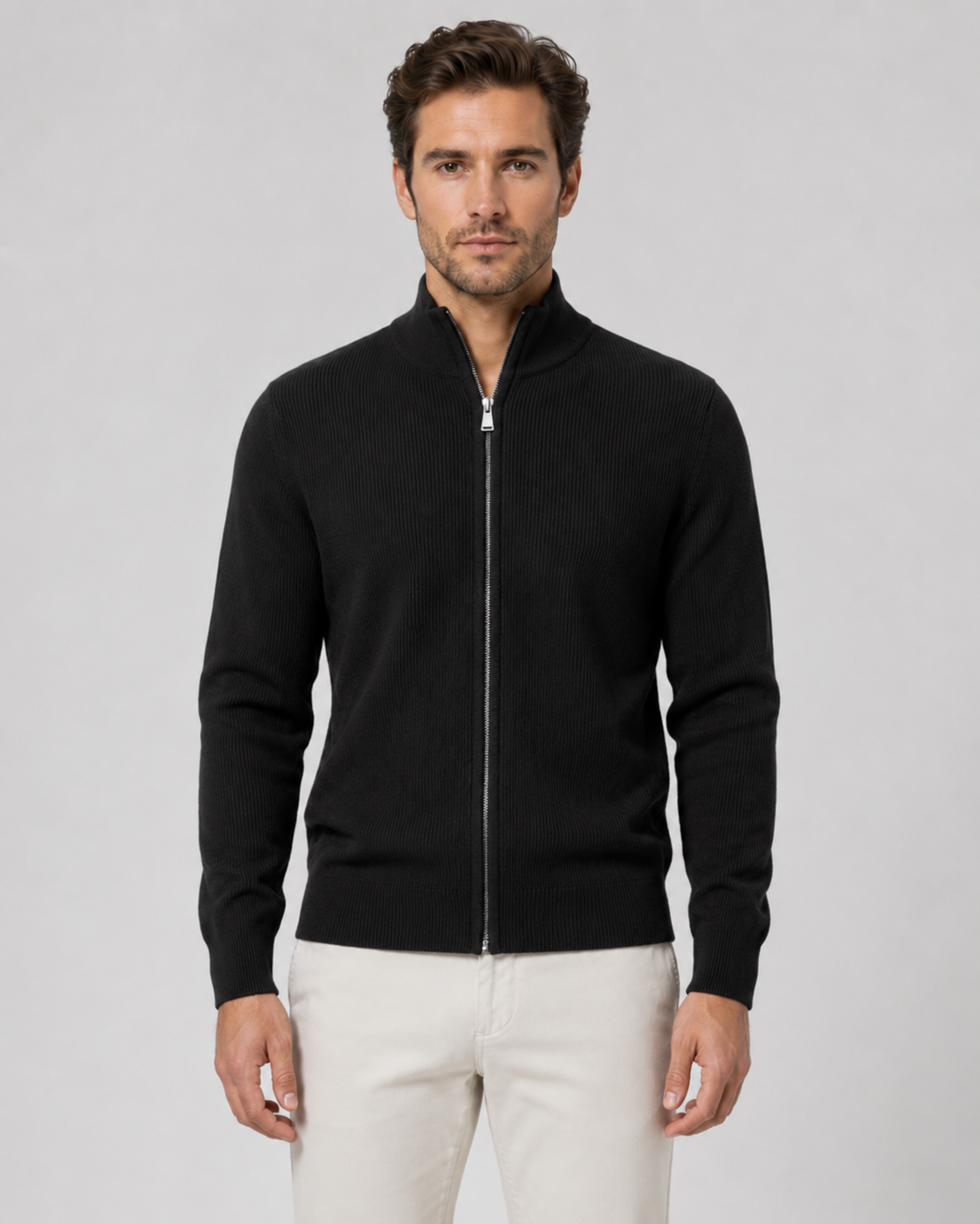 Cardigan homme en maille à fermeture éclair et col montant