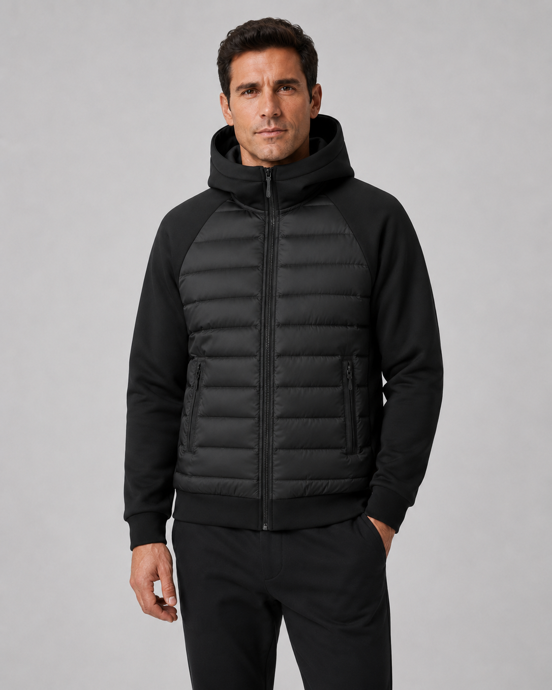 Chaqueta híbrida acolchada de hombre con capucha