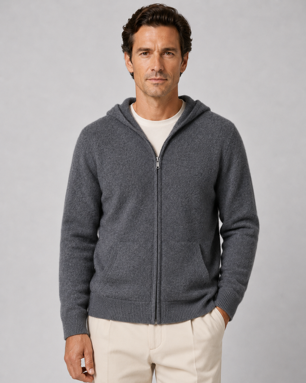 Felpa Uomo con Cappuccio e Zip in Lana Merino