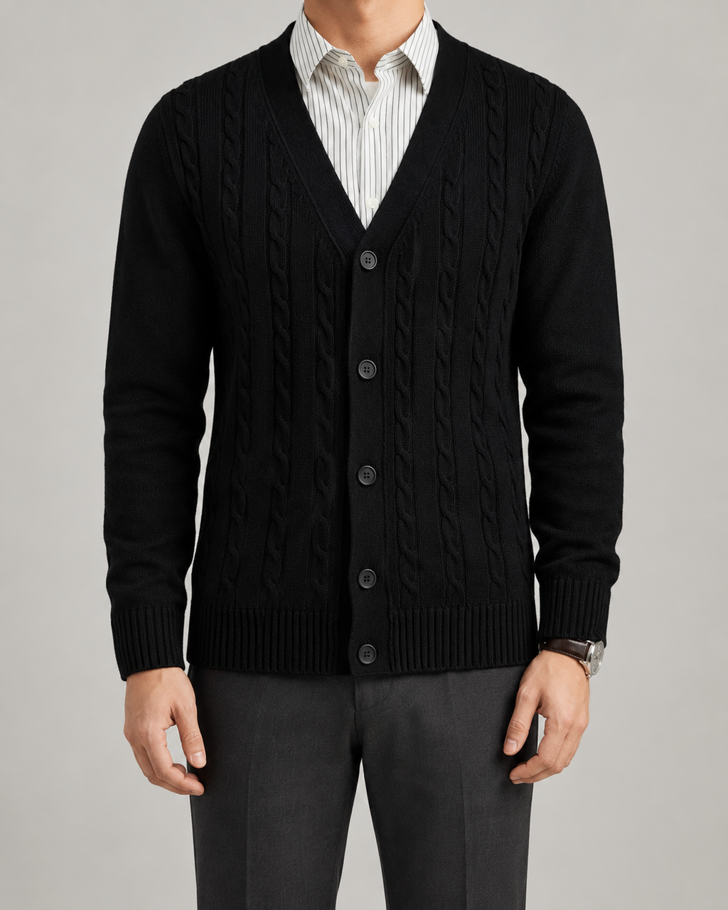 Cardigan Uomo con Scollo a V in Maglia a Trecce