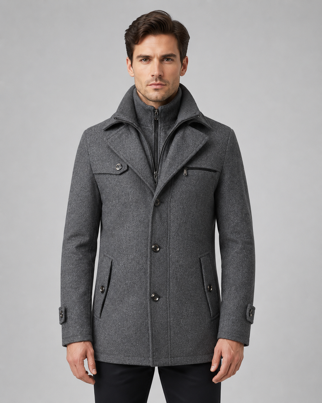 Cappotto Uomo Sartoriale in Lana con Collo Alto e Inserto Zip