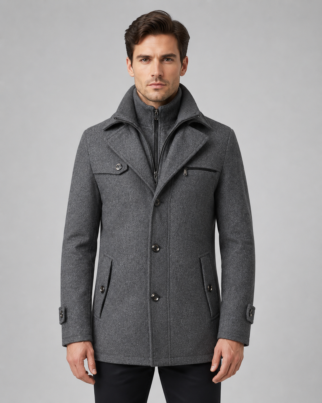 Cappotto Uomo Sartoriale in Lana con Collo Alto e Inserto Zip