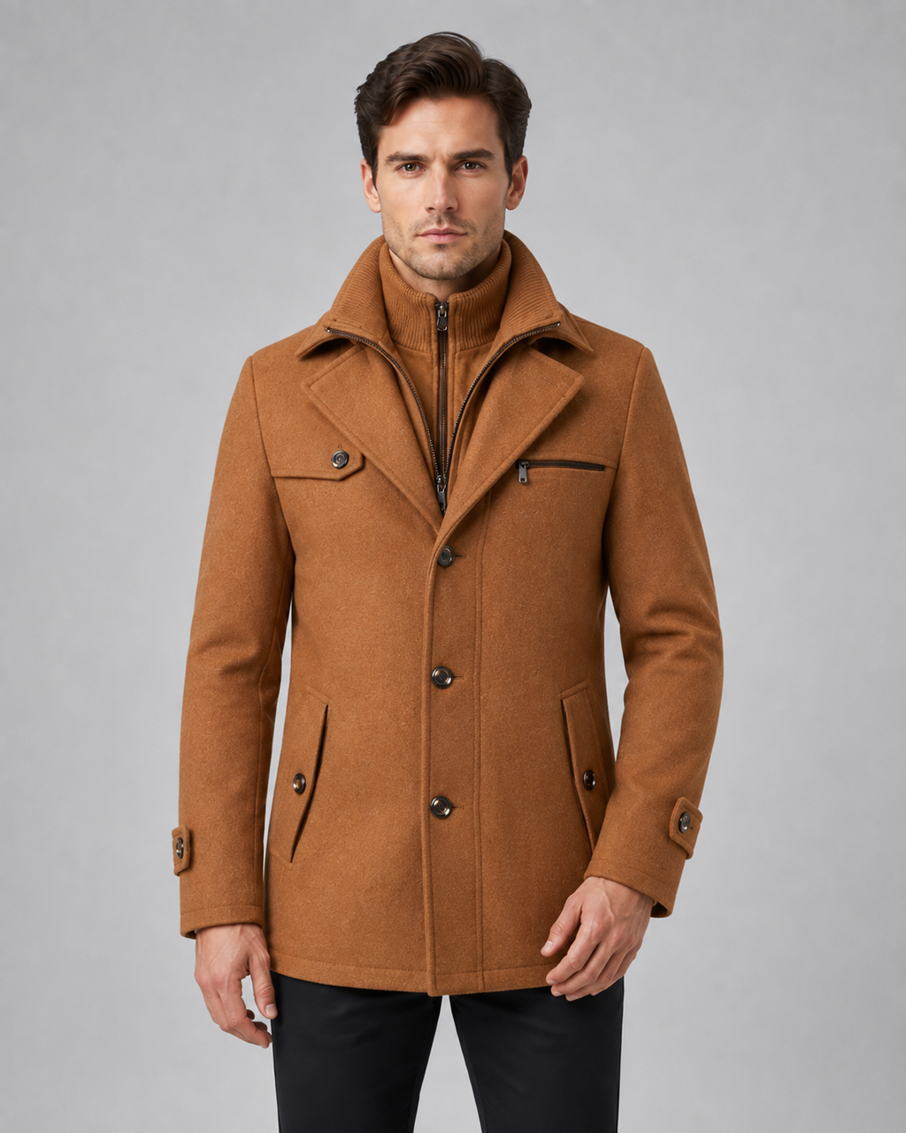 Cappotto Uomo Sartoriale in Lana con Collo Alto e Inserto Zip