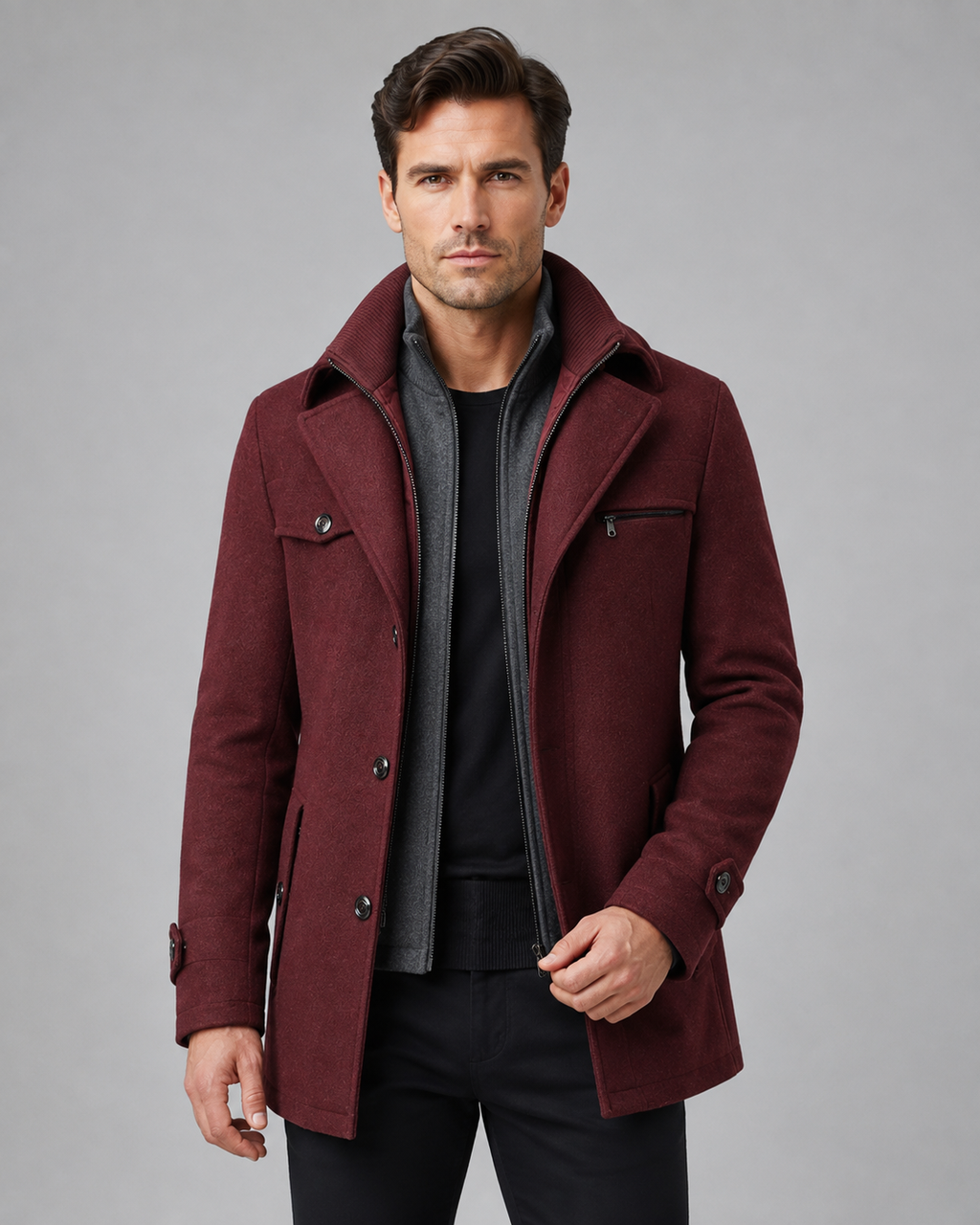 Cappotto Uomo Sartoriale in Lana con Collo Alto e Inserto Zip