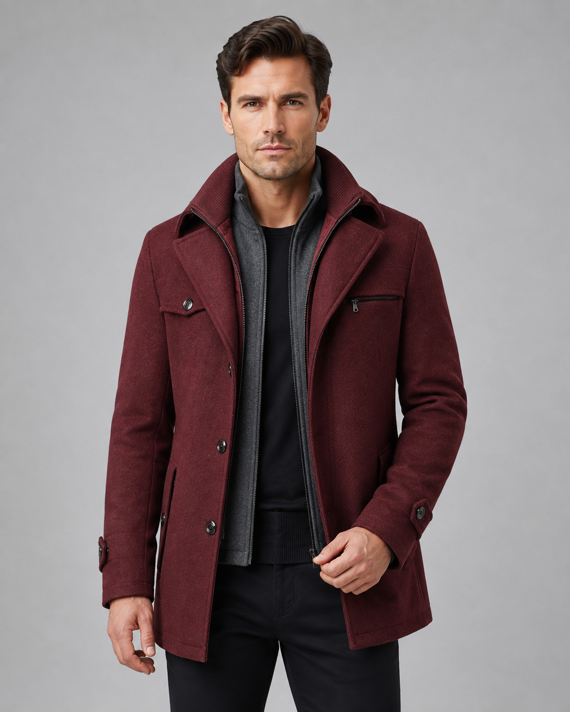 Cappotto Uomo Sartoriale in Lana con Collo Alto e Inserto Zip