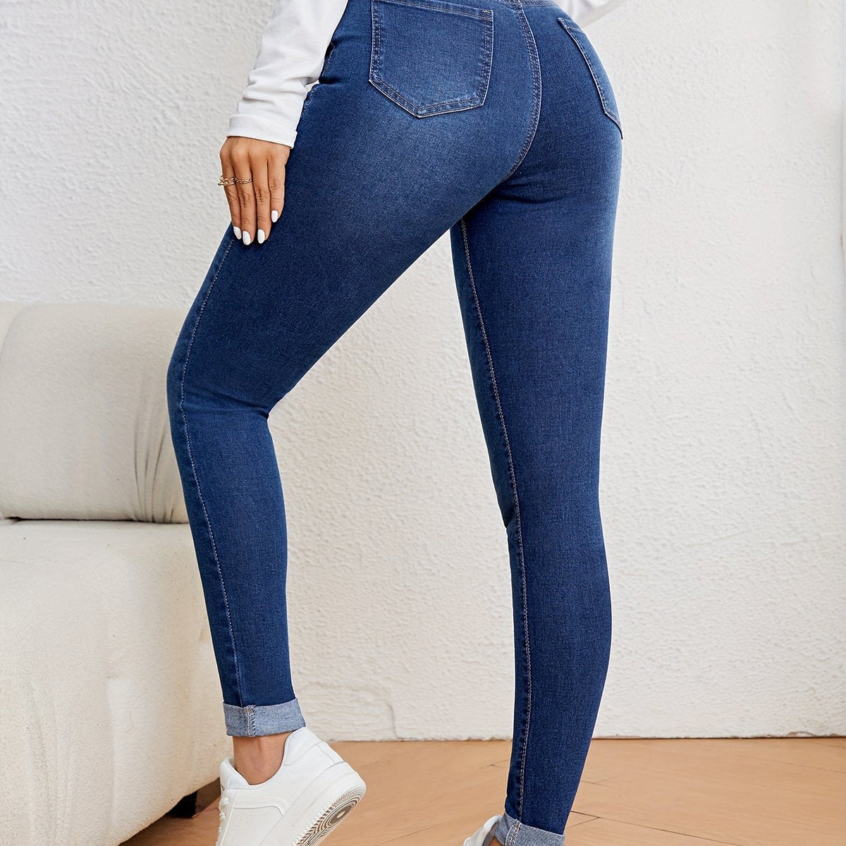 Jeans ajustados para mujer de tiro alto - denim elástico de corte slim