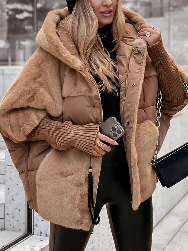 Piumino Oversize Donna con Pelliccia Sintetica e Cappuccio