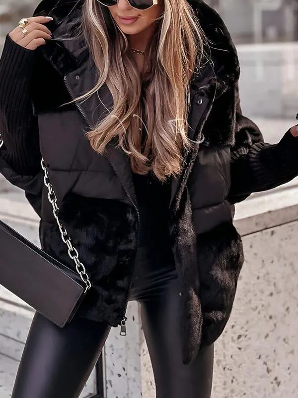 Piumino Oversize Donna con Pelliccia Sintetica e Cappuccio