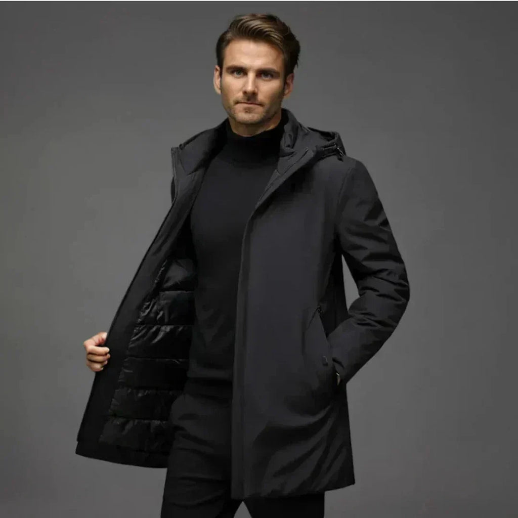 Parka larga de invierno para hombre con capucha – chaqueta acolchada, cálida y elegante