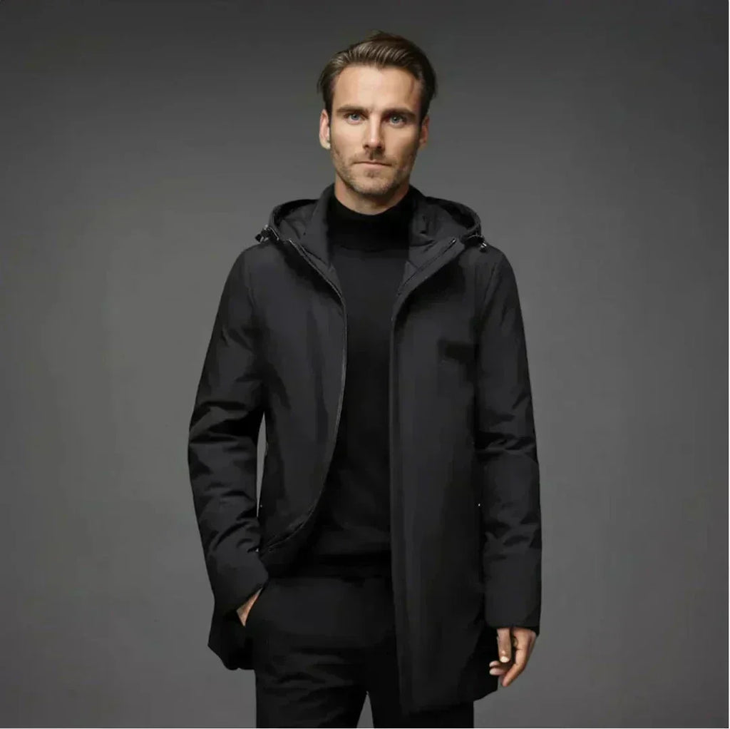Parka larga de invierno para hombre con capucha – chaqueta acolchada, cálida y elegante