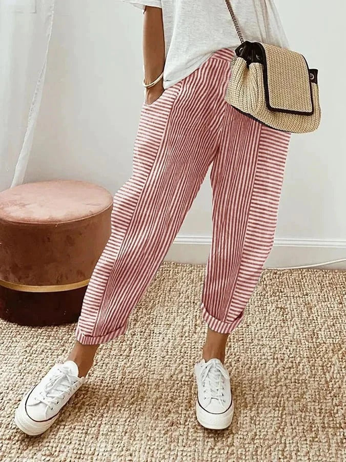 Pantaloni a Righe Donna Silhouette Larga Comfort Estivo