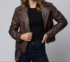 Veste biker pour femme en similicuir avec fermeture éclair asymétrique – Modèle oversize court et moderne