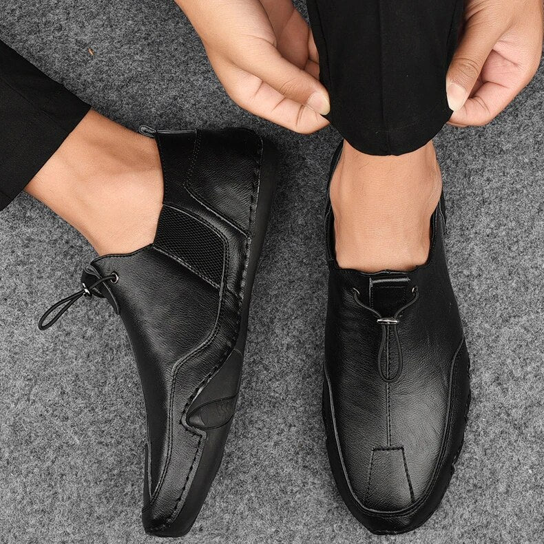 Mocassins homme en cuir véritable avec lacets de serrage – chaussures à enfiler respirantes avec empiècements en mesh