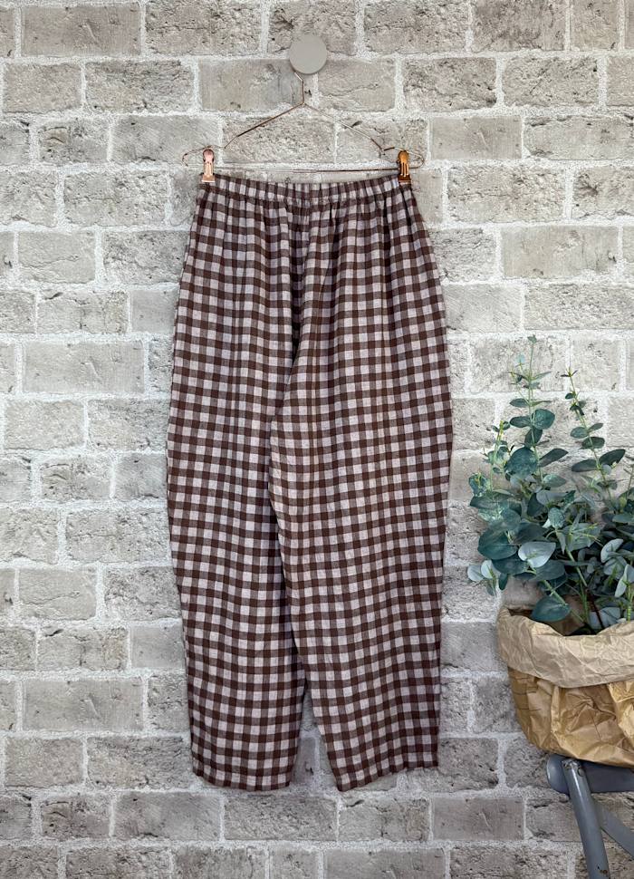 Pantaloni in Lino con Fantasia a Quadri e Vestibilità Baggy