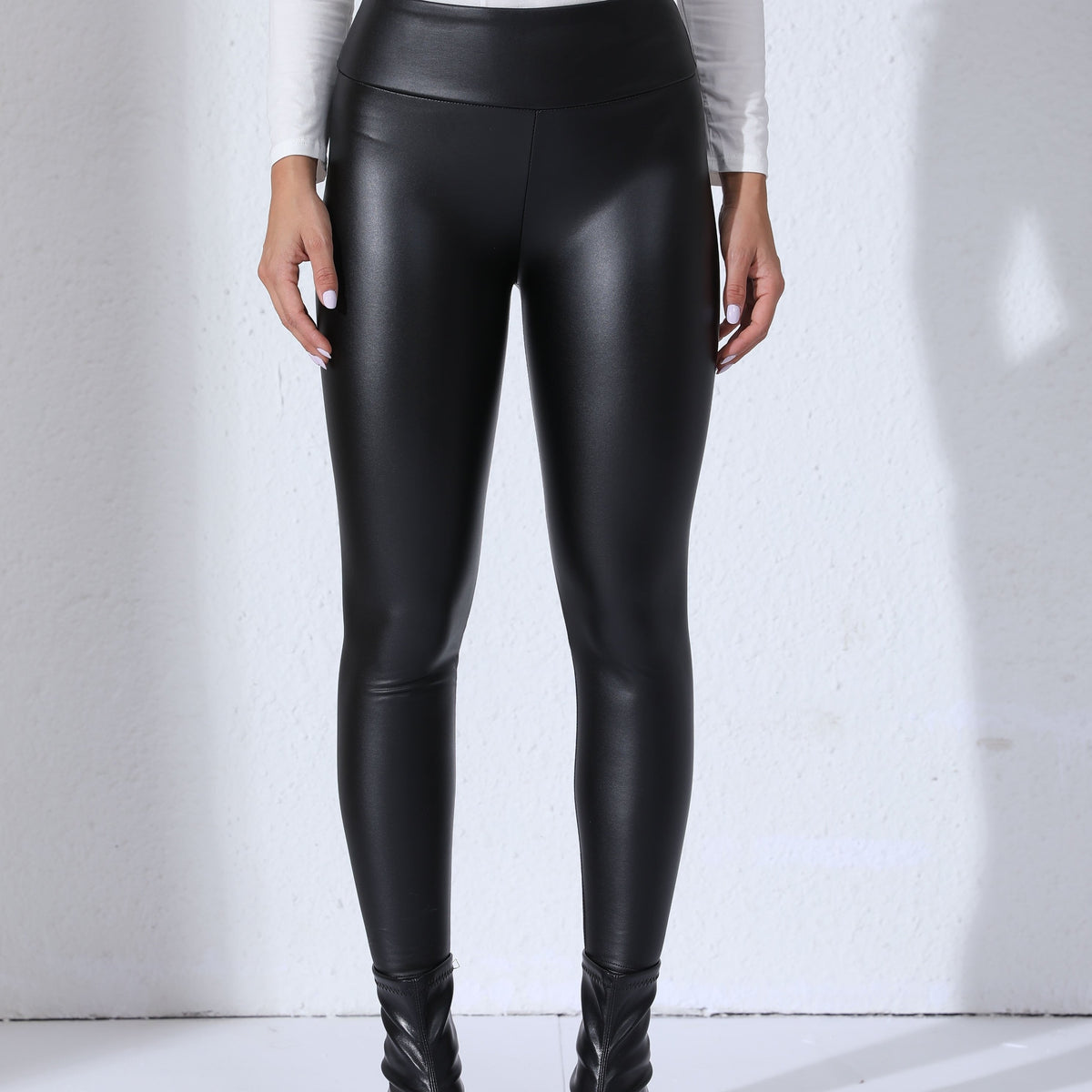 Leggings pour femme en similicuir PU taille haute - extensibles et ajustés