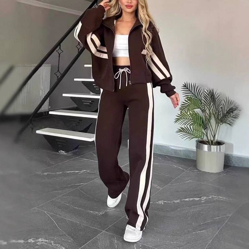 Tuta Donna Due Pezzi con Zip e Righe a Contrasto – Completo Sportivo con Pantaloni a Gamba Larga