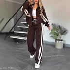 Conjunto deportivo casual de dos piezas para mujer con cremallera y franjas en contraste, con pantalones de pierna ancha
