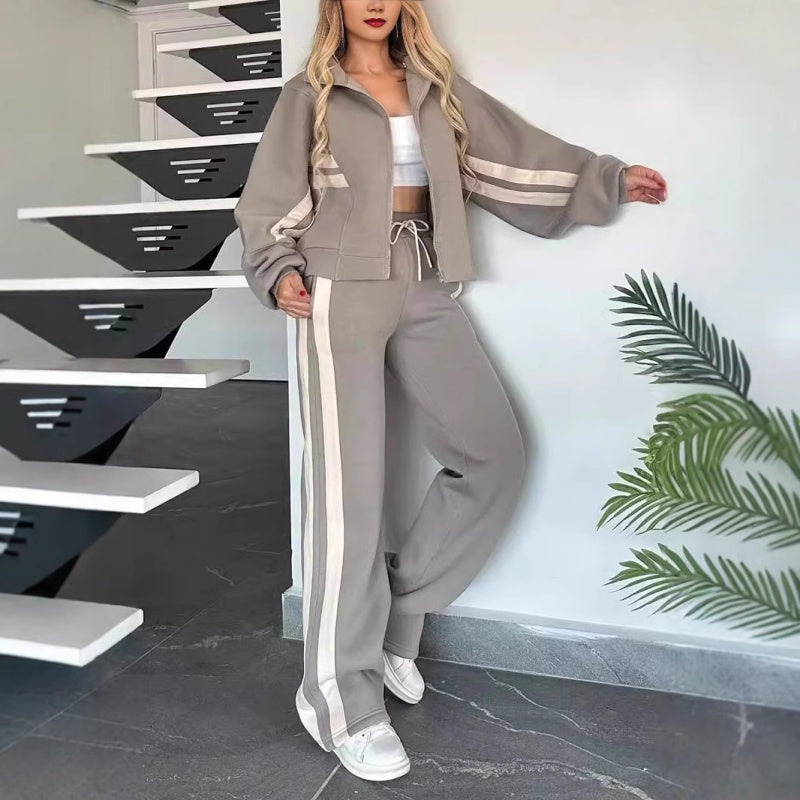 Tuta Donna Due Pezzi con Zip e Righe a Contrasto – Completo Sportivo con Pantaloni a Gamba Larga