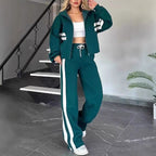 Tuta Donna Due Pezzi con Zip e Righe a Contrasto – Completo Sportivo con Pantaloni a Gamba Larga